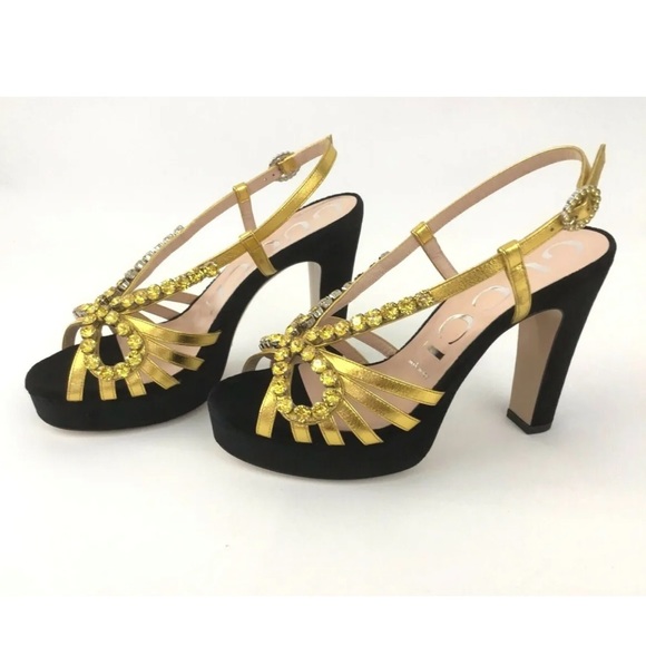 GUCCI Zephyra Crystal Embellished Ankle Strap Sandals Block Heel pump 38.5 sz 8 - Picture 3 of 15